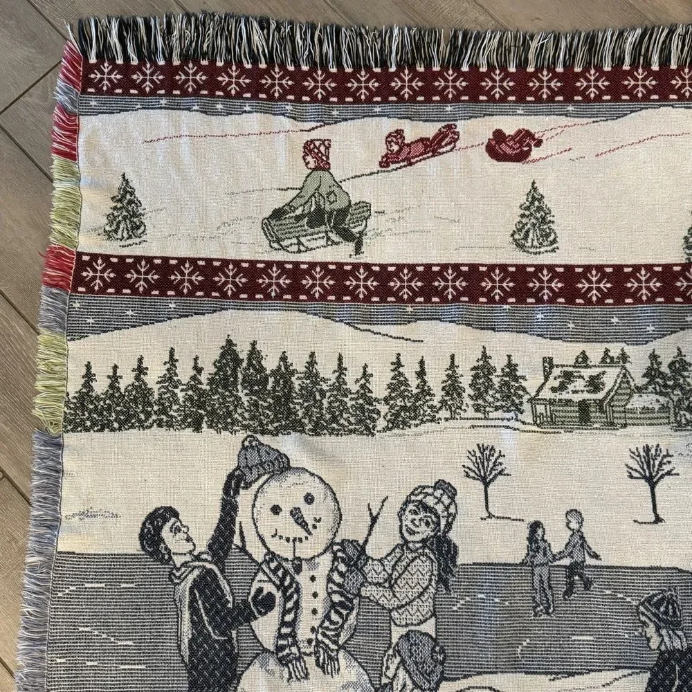 Vintage Winter Scene Snowman Christmas Tapestry Throw Blanket 45x58